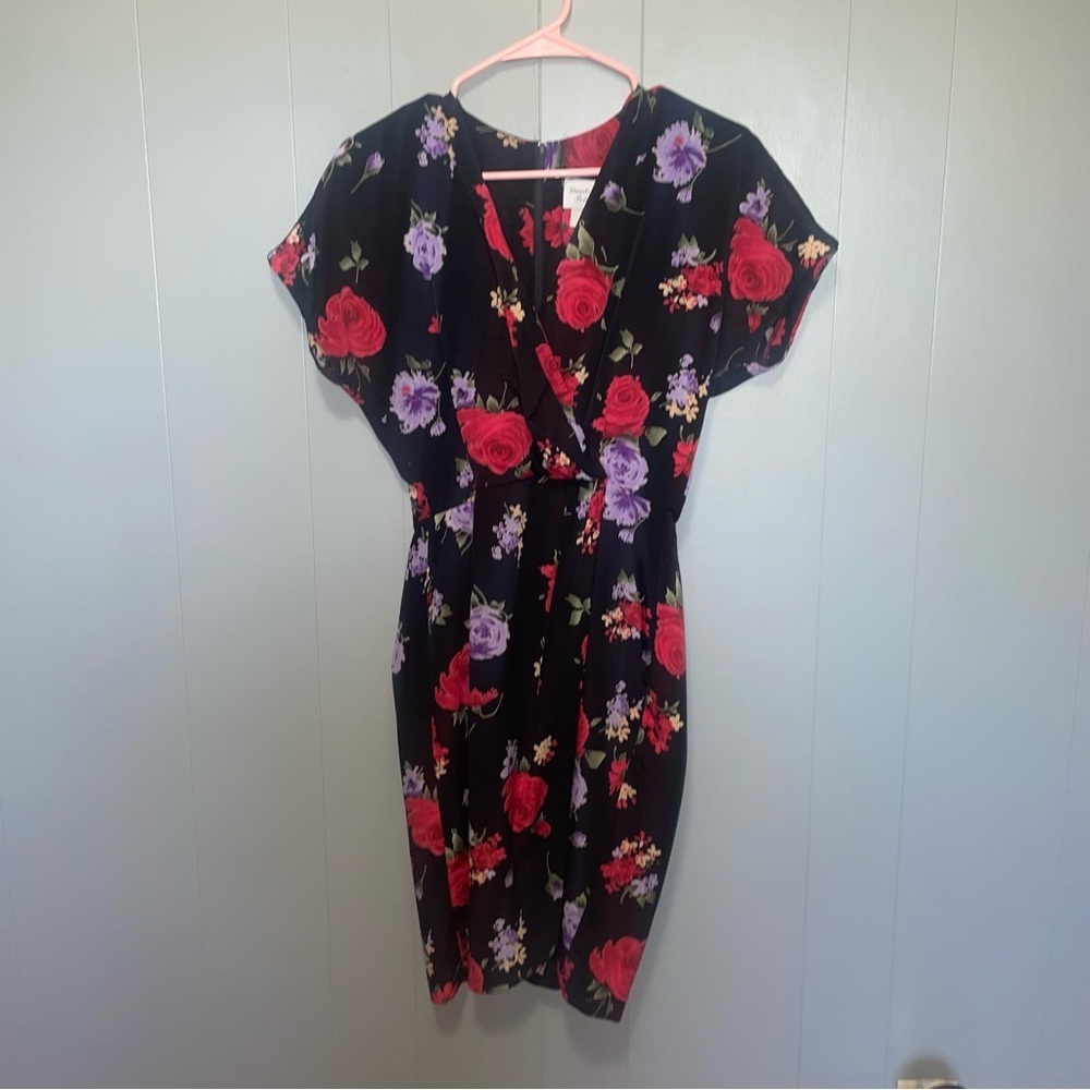 Vintage Stuart Alan Petites Black Red Purple Floral Knee Length Dress Medium